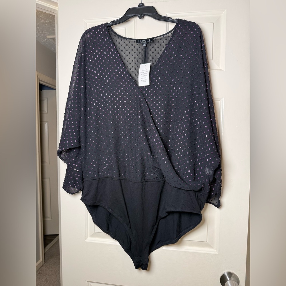 ELOQUII Exquisite Body Suit Sheer Purple Metallic Swiss Dots
